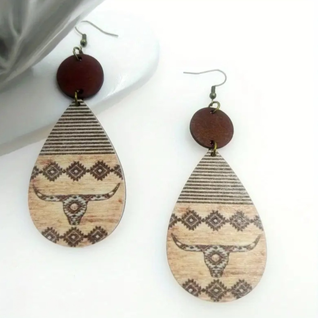 Brown And Tan Geometric Teardrop Earrings